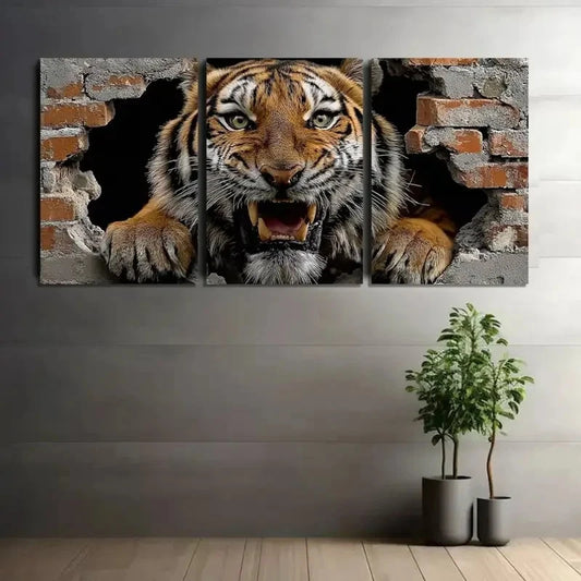 3pcs Tiger Breaking Through Brick Wall Metal Print Ready to Hang Art