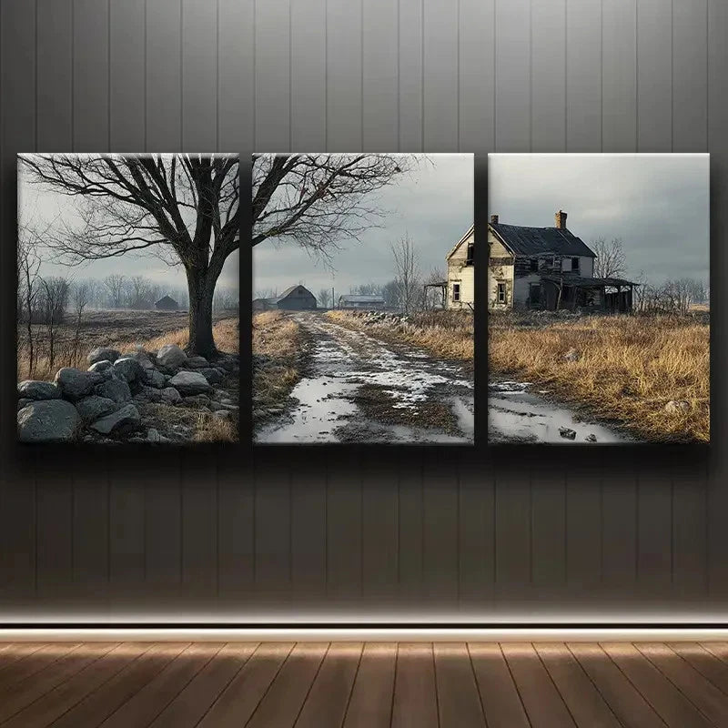 3pcs Rustic Farmhouse Scene with Chimney Metal Print Ready to Hang Art
