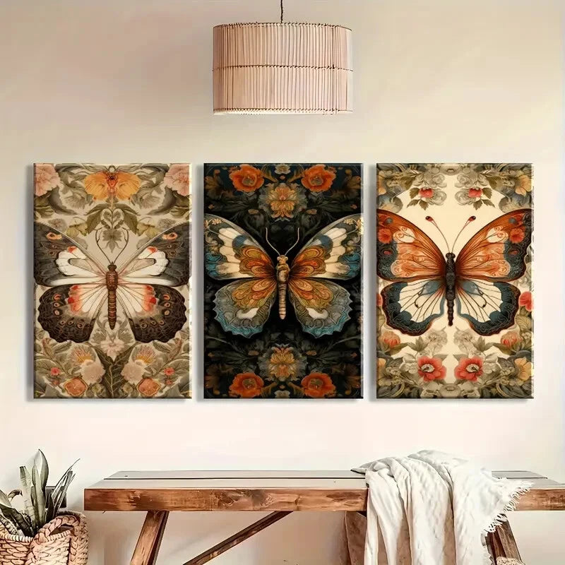 3pcs Vintage Orange Black and White Butterflies Metal Print Ready to Hang Art