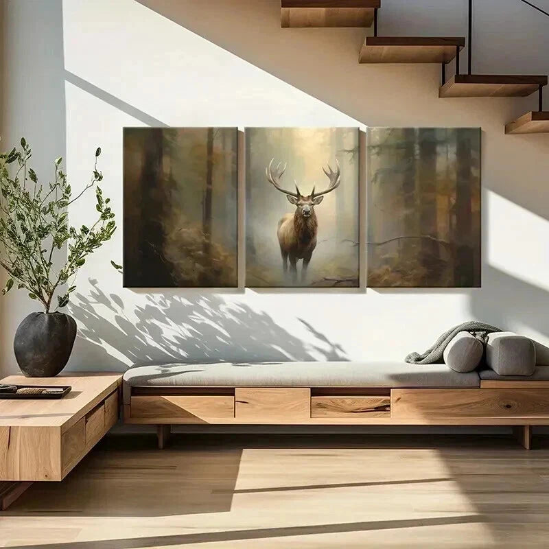 3pcs Vintage Red Deer in Foggy Forest Wall Art Set Canvas Framed 40x60cm - High Quality Print 100% Australian Made Wall Canvas Ready to Hang