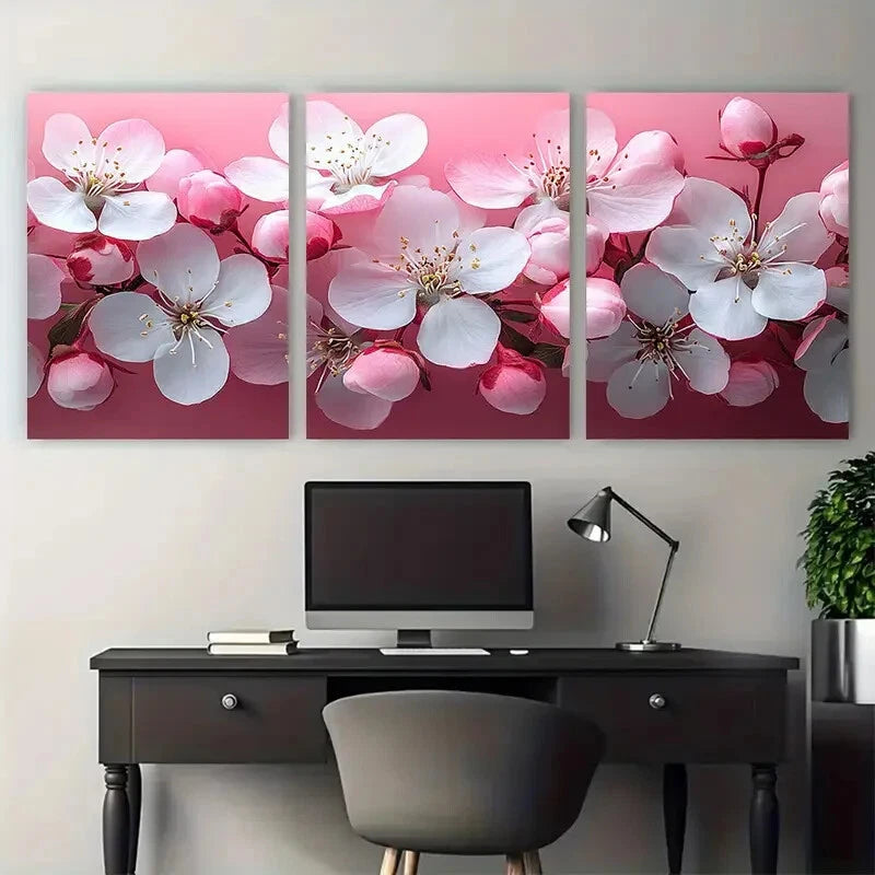 3pcs Delicate Pink White Blossom Bouquet Metal Print Ready to Hang Art