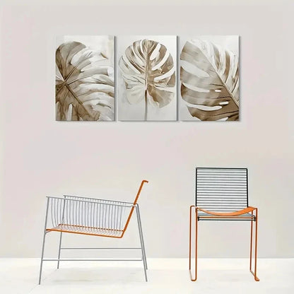 3pcs Abstract Leaf Botanical Beige & White Metal Print Ready to Hang Art
