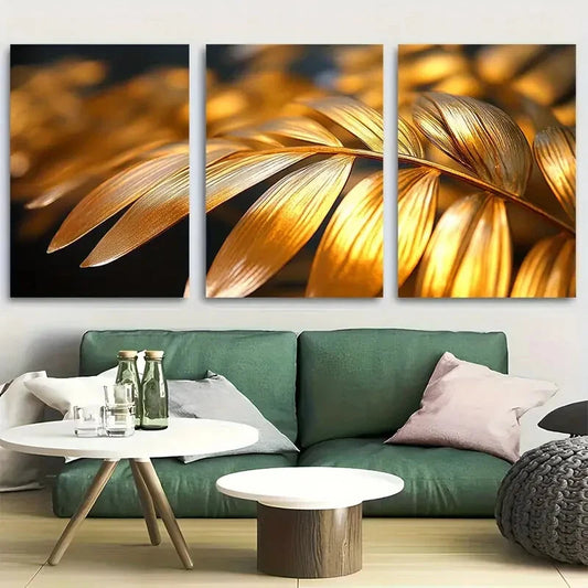 3pcs Golden Palm Leaf Design Metal Print Ready to Hang Art