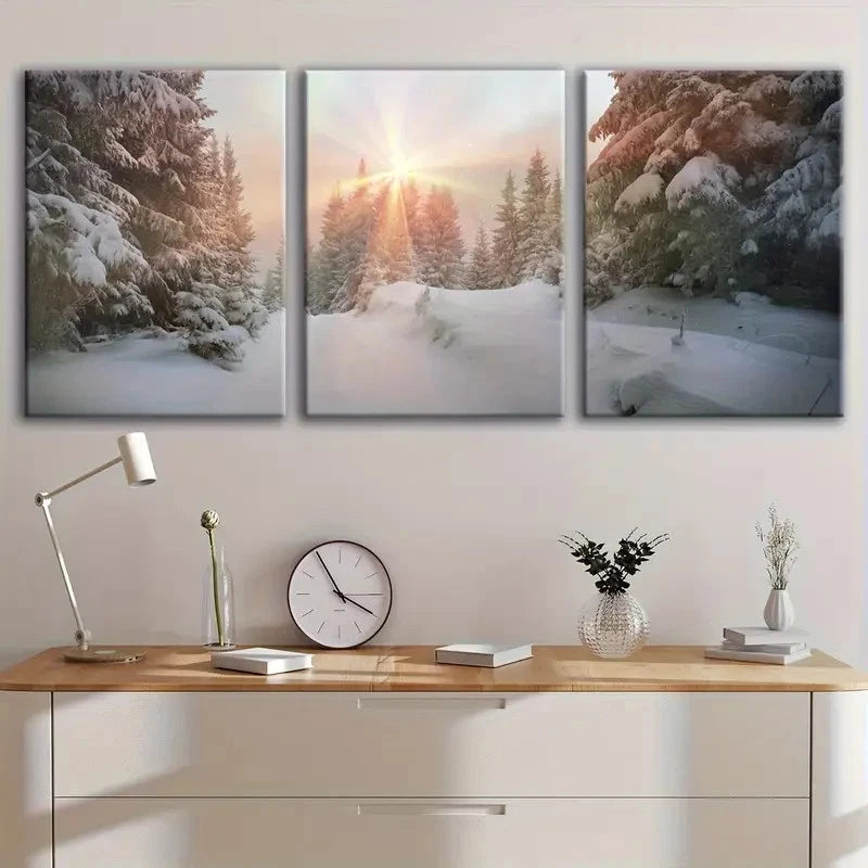 3pcs Winter Snowy Pine Forest Scene Metal Print Ready to Hang Art