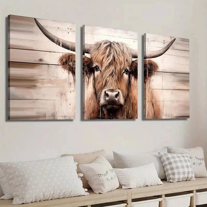 3pcs Highland Cow Modern Farmhouse Decor Wall Art Set Canvas Framed 50x70cm - High Quality Print 100% Australian Made Wall Canvas Ready to Hang