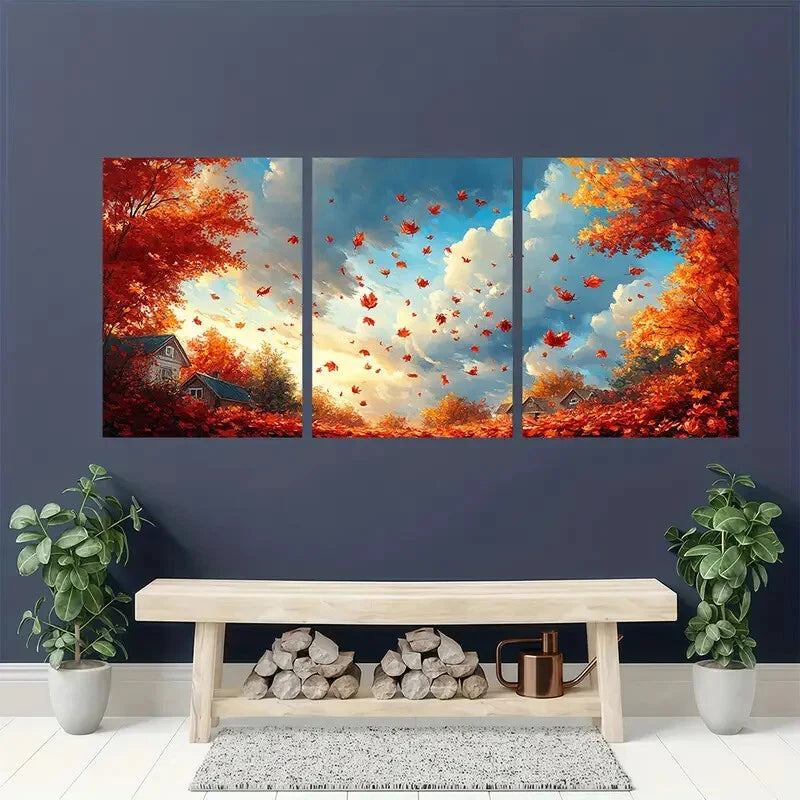 3pcs Giclee Autumn Landscape Falling Leaves Metal Print Ready to Hang Art