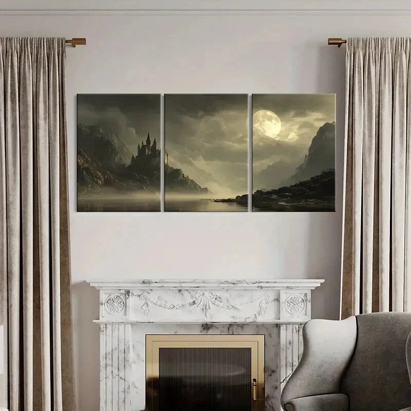 3pcs Mystical Castle Full Moon & Mountain Metal Print Ready to Hang Art