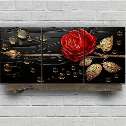3pcs Roses Golden Leaves Drops Metal Print Ready to Hang Art