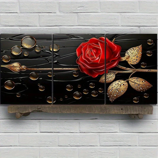 3pcs Roses Golden Leaves Drops Metal Print Ready to Hang Art