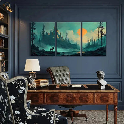 3pcs Mystical Castle Landscape Deer Silhouette Metal Print Ready to Hang Art