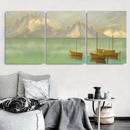 3pcs Serene Boat Mountain and Water Reflection Metal Print Ready to Hang Art
