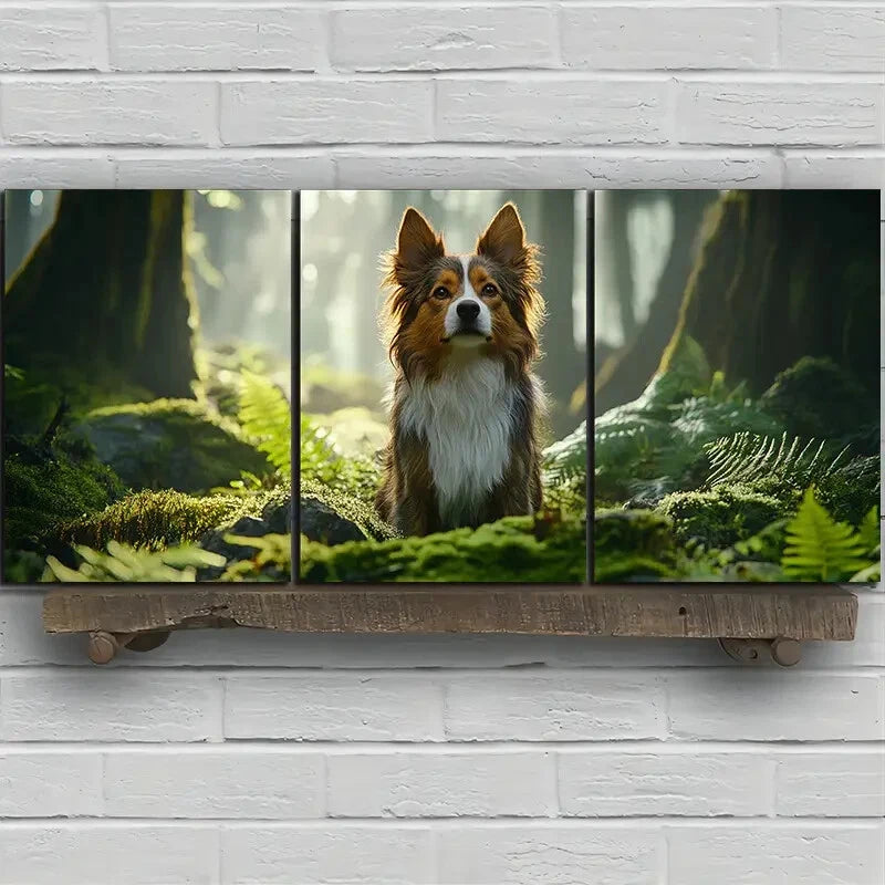 3pcs Dogs in The Forest Green Leaves Metal Print Ready to Hang Art