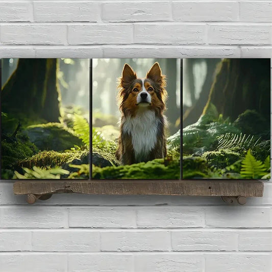 3pcs Dogs in The Forest Green Leaves Metal Print Ready to Hang Art