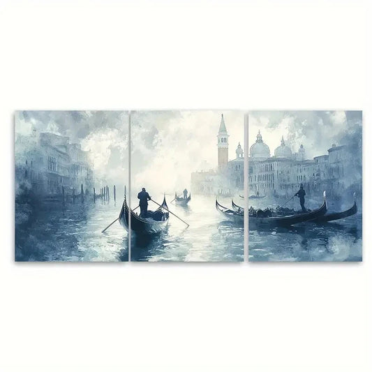 3pcs Blue & Gray Symmetrical Canal Reflections Metal Print Ready to Hang Art