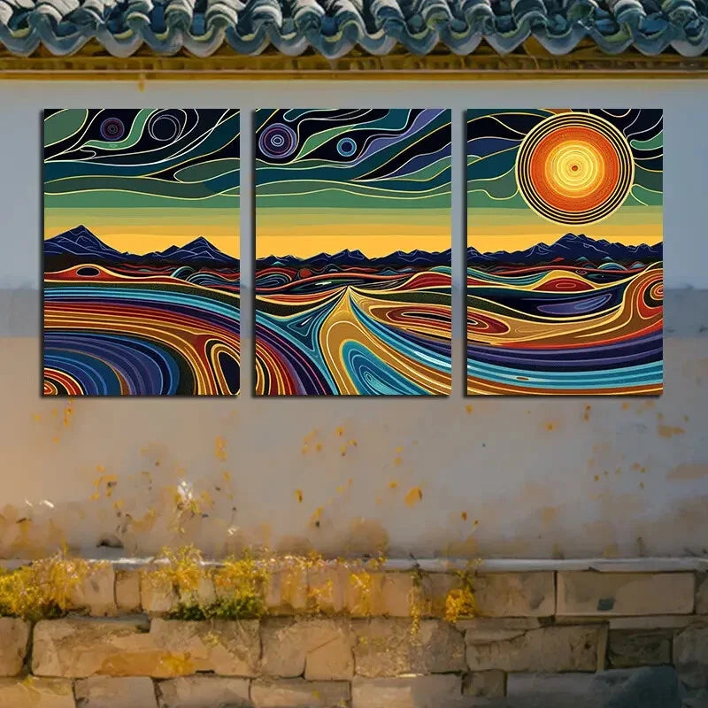 3pcs Vibrant Mountains and Sunset Design Metal Print Ready to Hang Art