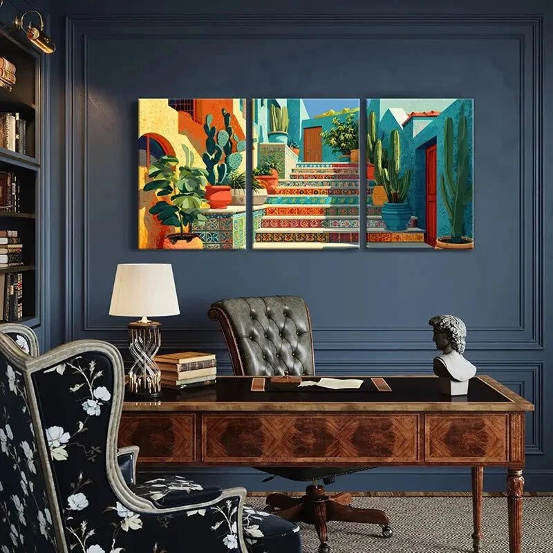 3pcs Vibrant Mediterranean Staircase Art Metal Print Ready to Hang Art