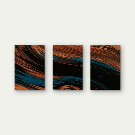 3pcs Copper and Blue Marble Abstract Fluid Swirl Wall Art Set Canvas Framed 50x70cm - High Quality Print 100% Australian Made Wall Canvas Ready to Hang