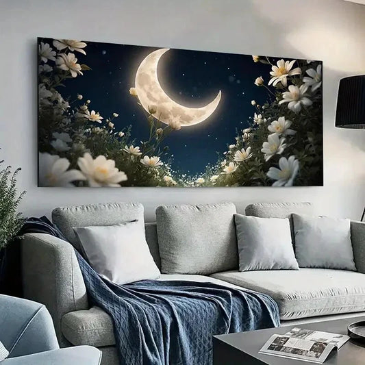 Night Stars White Flowers wall canvas office home room framed 120x60cm - Bella Home Decor