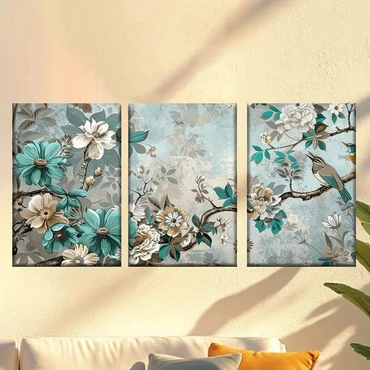 3pcs a floral wallpaper with birds and flowers Wall Art Set Canvas Framed 60x90cm - High Quality Print 100% Australian Made Wall Canvas Ready to Hang