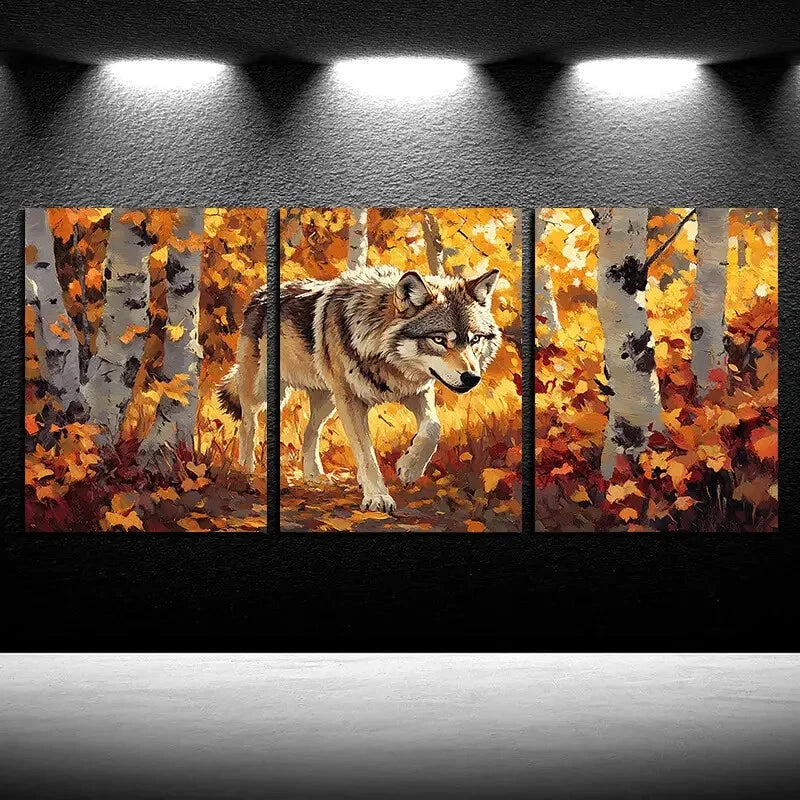 3pcs Lonely Wolf Dry leaves Autumn Scene Metal Print Ready to Hang Art