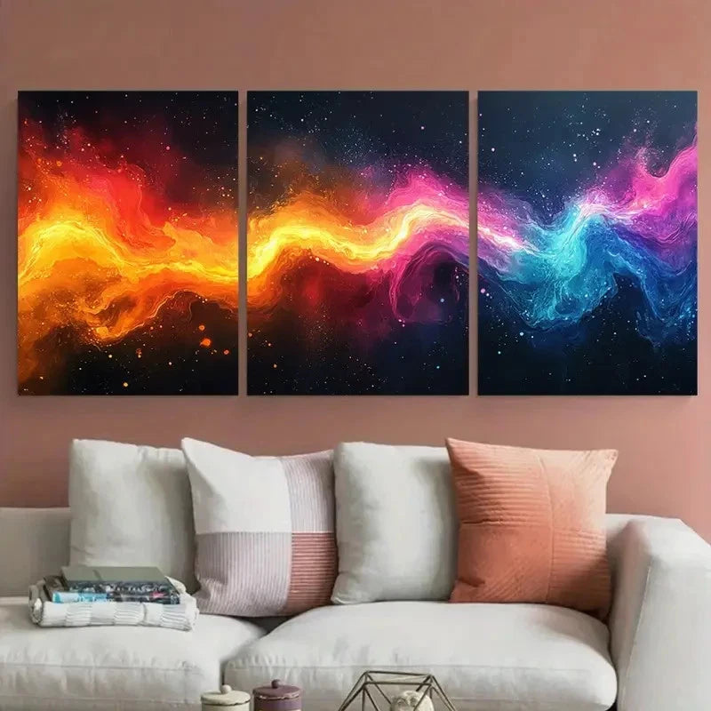 3pcs Vibrant Abstract Neon Colorful Laser Design Metal Print Ready to Hang Art