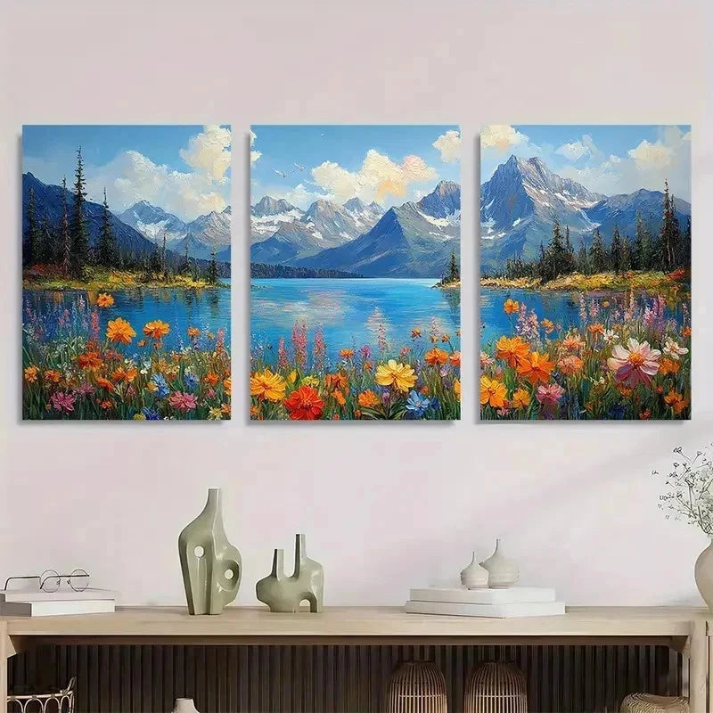 3pcs Mountain Scenery Colorful Flower Perfect Wall Art Set Canvas Framed 40x60cm - High Quality Print 100% Australian Made Wall Canvas Ready to Hang