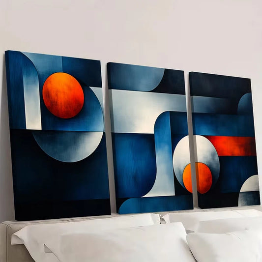 3pcs Geometric Blue Black Color Block Art  Wall Art Set Canvas Framed 60x90cm - High Quality Print 100% Australian Made Wall Canvas Ready to Hang