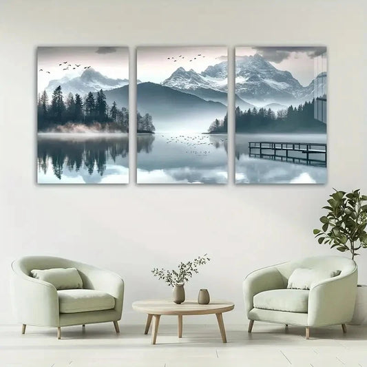 3pcs Snowy Mountains Jungle & Lake Scene Metal Print Ready to Hang Art