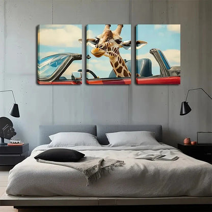 3pcs Whimsical Giraffe Red Convertible Perfect Wall Art Set Canvas Framed 40x60cm - High Quality Print 100% Australian Made Wall Canvas Ready to Hang