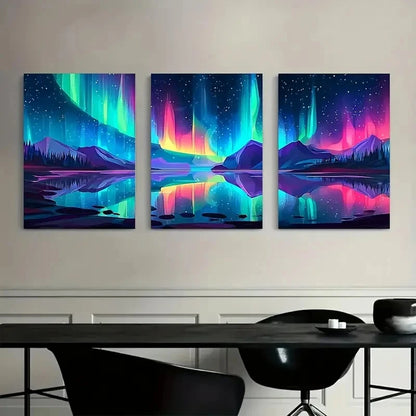 3pcs Colorful Northern Lights Landscape Metal Print Ready to Hang Art