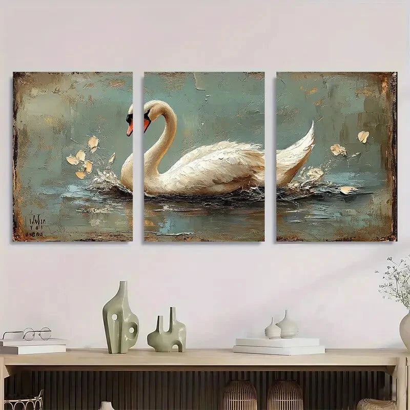 3pcs White Swan Teal & Golden Vintage Metal Print Ready to Hang Art