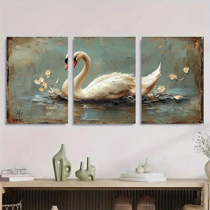 3pcs White Swan Teal & Golden Vintage Metal Print Ready to Hang Art