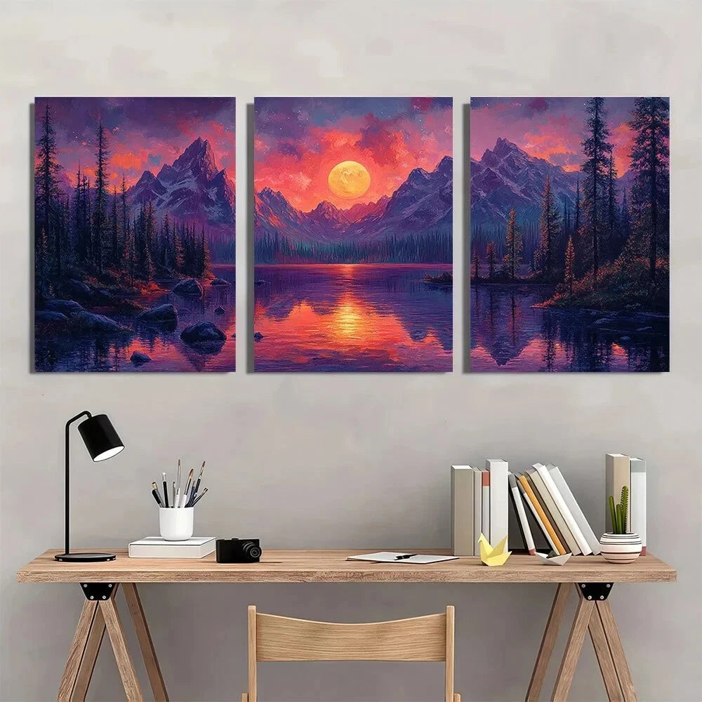 3pcs Surrealist Mountain Vibrant Purple Metal Print Ready to Hang Art