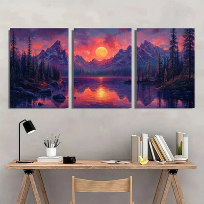 3pcs Surrealist Mountain Vibrant Purple Metal Print Ready to Hang Art