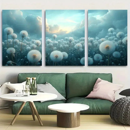 3pcs Gloomy Cloudy Dandelion Meadow Metal Print Ready to Hang Art