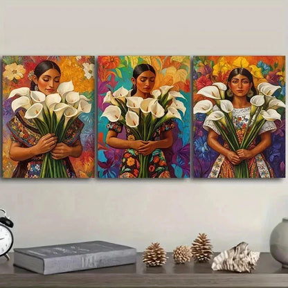 3pcs Mexican Women Holding Flowers Wall Art Set Canvas Framed 40x60cm - High Quality Print 100% Australian Made Wall Canvas Ready to Hang