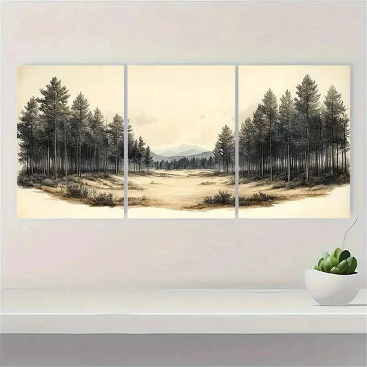 3pcs Vintage Sketch Fall Forest Landscape Metal Print Ready to Hang Art