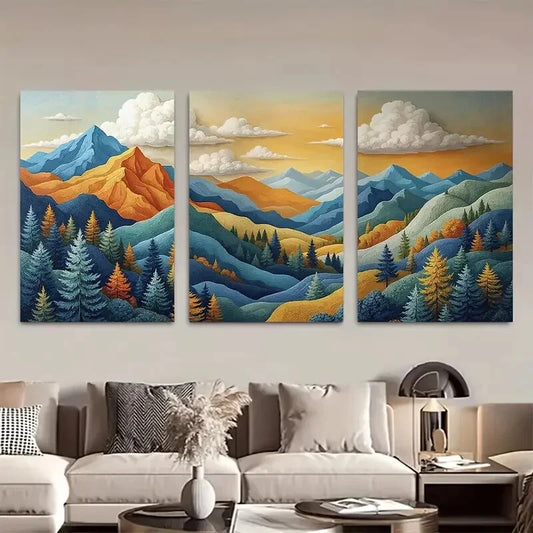 3pcs Golden Blue & Orange Rolling Hills Forests Metal Print Ready to Hang Art