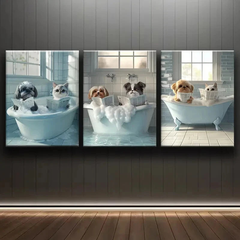 3pcs Cats and Dogs in Bathroom Scene Metal Print Ready to Hang Art