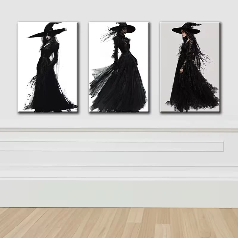 3pcs Elegant Black Witch Wall Art Set Canvas Framed 60x90cm - High Quality Print 100% Australian Made Wall Canvas Ready to Hang