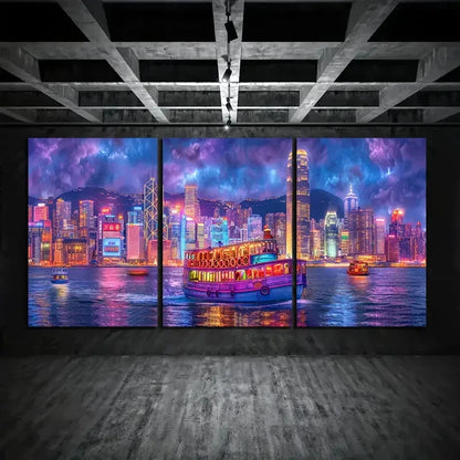 3pcs Magnificent City Landscape Shining With Neon Metal Print Ready to Hang Art