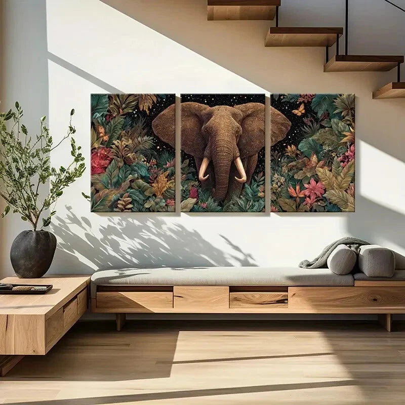 3pcs Elephant Jungle Theme Floral Surroundings Metal Print Ready to Hang Art