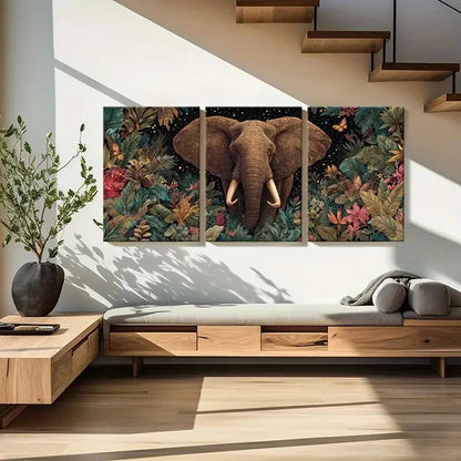 3pcs Elephant Jungle Theme Floral Surroundings Metal Print Ready to Hang Art