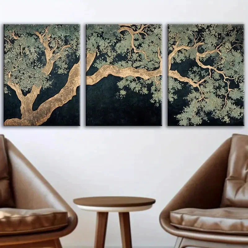 3pcs Abstract Green and Brown Tree Metal Print Ready to Hang Art