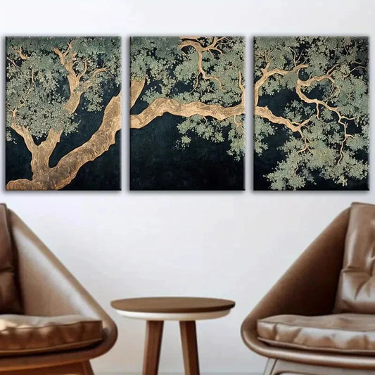 3pcs Abstract Green and Brown Tree Metal Print Ready to Hang Art