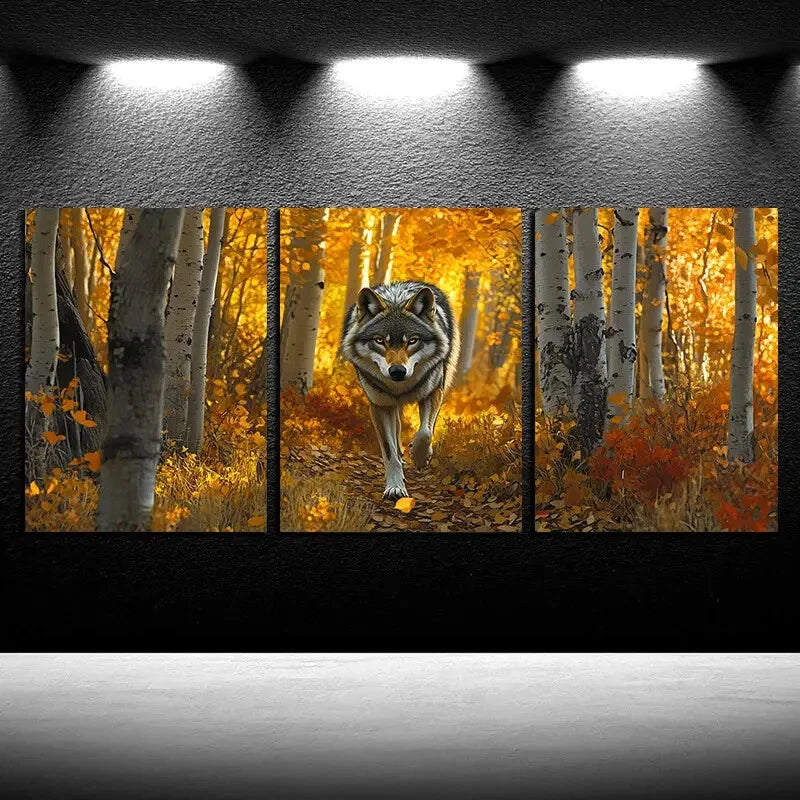 3pcs Vibrant Lonely Wolf in Autumn Forest Metal Print Ready to Hang Art