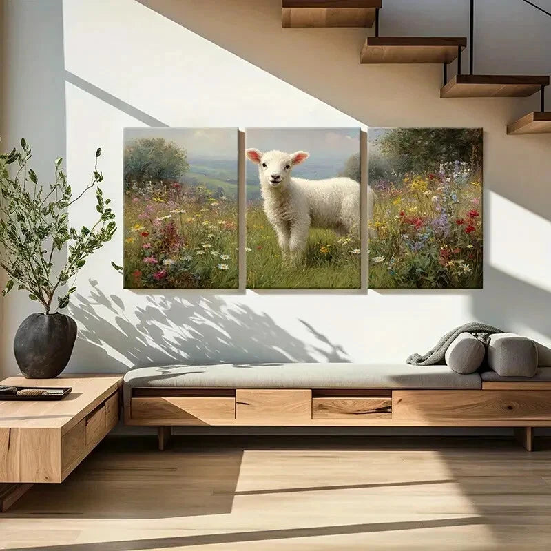 3pcs Lamb in Meadow with Vibrant Wildflowers Metal Print Ready to Hang Art
