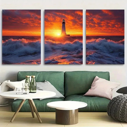 3pcs Vibrant Colorful Ocean Lighthouse Metal Print Ready to Hang Art