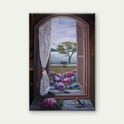 Floral & Bird Window Scenery Oil Painting 60x90cm Metal Print Ready to Hang