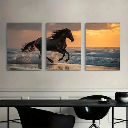 3pcs Black Horse Galloping on the Beach Metal Print Ready to Hang Art
